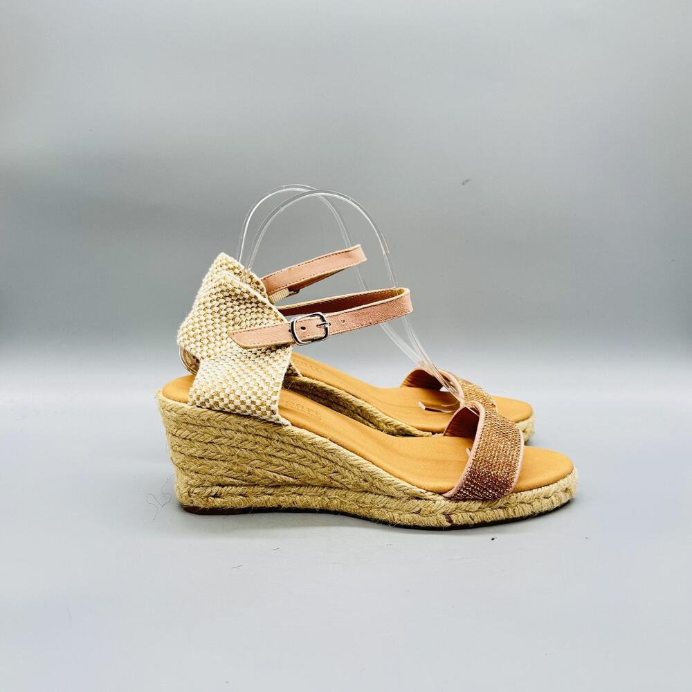 Paseart Sandals Womens 8 Beige Espadrille Wedge Rhinestones Ankle Strap Shoes